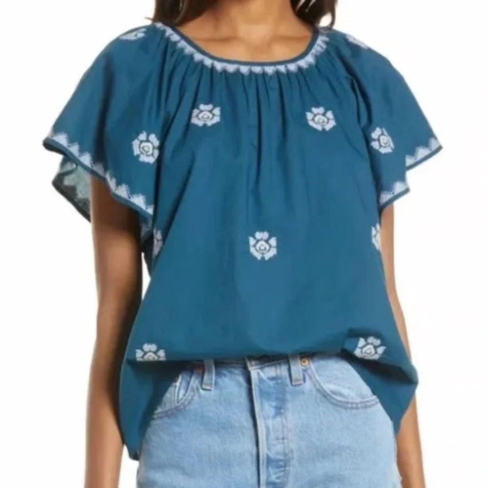 Madewell embroidered flutter sleeve teal top XXS